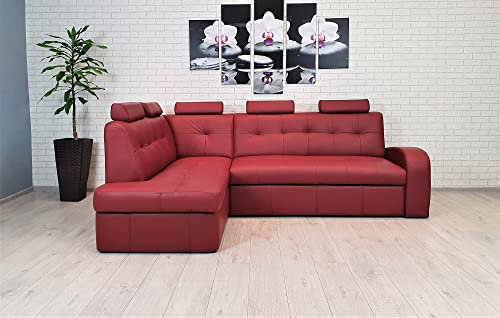 Quattro Meble Weinrote Farbe Ledersofa Echtleder Ecksofa Antalya II Pik Extra 5z 245 x 164cm Sofa Couch mit Schlaffunktion, Bettkasten und Kopfstützen Eck Couch Echt Leder (Ecke Links 164 x 245 cm)