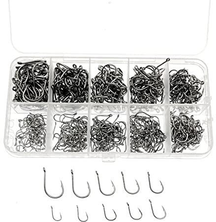 JZK 600pcs assorted Size 3 4 5 6 7 8 9 10 11 12, Carbon Steel Fishing Hooks with Eyes, Small Fish Hooks with Barb, Circle Fishing Hooks with Plastic Box