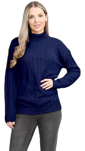 janisramone® Polo High Neck Jumpers for Women UK, Cable Knitted Long Sleeve Ladies Jumpers, Casual Pullover Winter Turtle Neck Tops for Women Size 8-105 Navy
