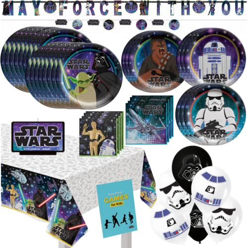 Star Wars Galaxy of Adventures Birthday Party Supplies Pack for 16 - Disposable Plates, Napkins, Tablecloth, Candle, Letter Banner, Balloon Decorating Kit, and Game Booklet