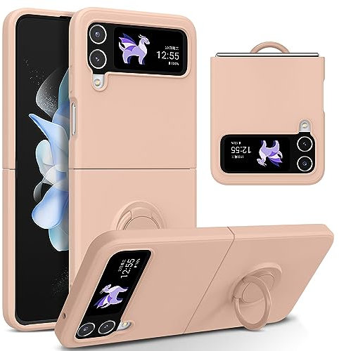 UEEBAI Silicone Coque avec Ring pour Samsung Galaxy Z Flip 4 5G, Etui Fin Pliable et léger Absorption des Chocs Housse Mince avec Bague 360 Degrés Rotation Stand Protection Cover, Grès Rose