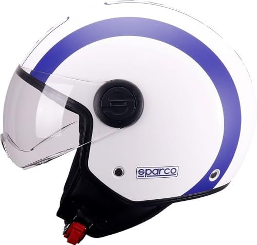 Sparco Riders Sp601 Motorradhelm, Scooter ECE 22.06 Homologiert, Demi-Jet Helm mit Anti-Kratz-Visier und Micrometric Auslösung, Weiss/BLAU (MATT), XS