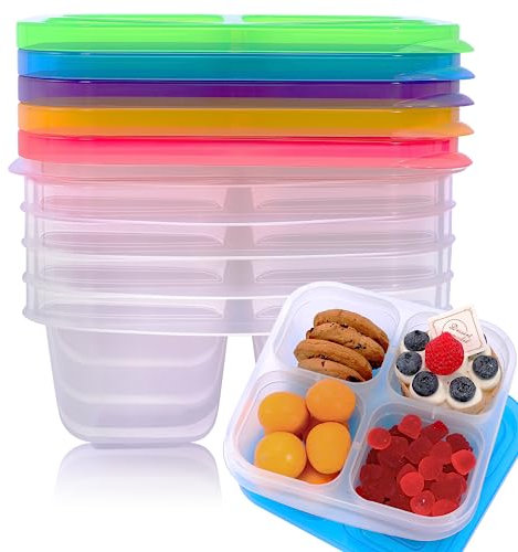 Vyndicca 5 Stück Wiederverwendbare Snackboxen,Stapelbare Meal-Prep Boxen mit 4 Fächer,Geteilte Bento-Snackbox,Bento Lunchboxen mit Deckel 5 Farben,Mikrowellen Spülmaschine