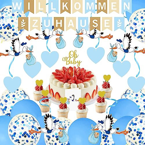 Willkommen Zuhause Baby Deko Girlande Herzlich Welcome Home Baby Vormontiert Banner mit Torten Topper Storch Geburt für Babyparty Deko Gender Reveal (Junge&Mädchen)