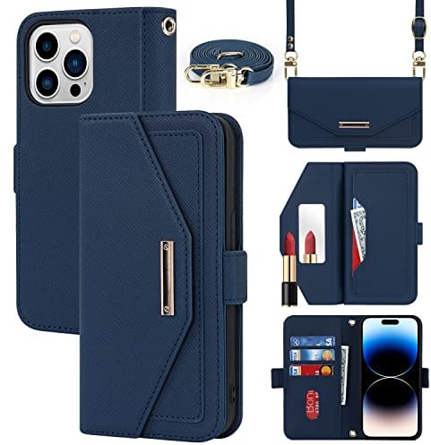 Cavor Case compatible with iPhone 14 Pro Phone Case With Strap,Crossbody Flip Leather Wallet Case,[5 Card Holder][Mirror][Magnetic],Lanyard Case Cover for women - Blue