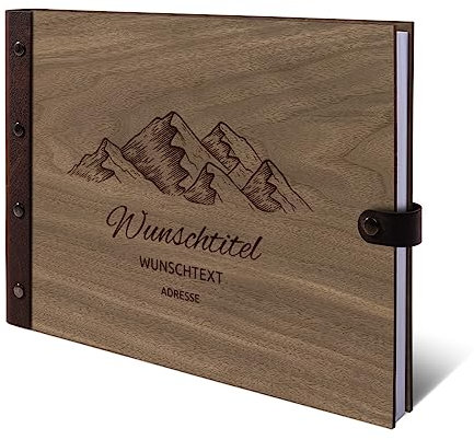 Personalisiertes Ferienwohnung Gästebuch echtes Holz DIN A4 Besucherbuch mit Lasergravur - Berge - mit 72 Blatt / 144 Seiten Naturpapier Weiß