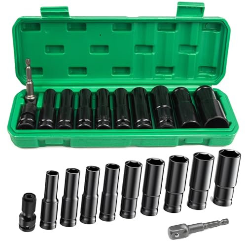10 pièces Jeu de Douille a Choc, 10/12/13/14/15/17/19/22/24mm Coffret Douille Longue, Douilles et Coffrets, Douille a choc hexagonale 1/2 pour Réparation de Voiture