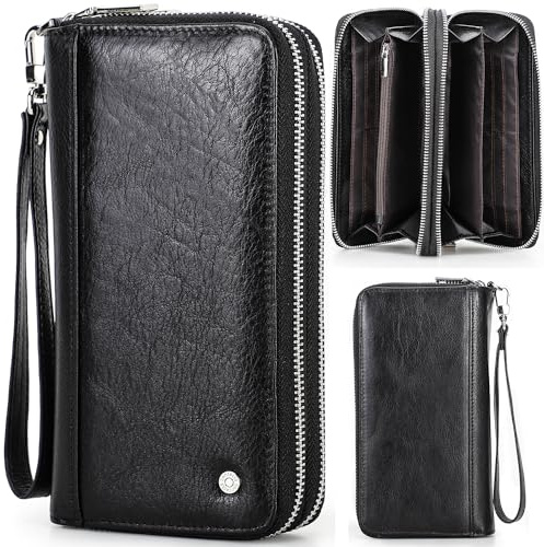 Top Grain Genuine Leather Handheld Purse Wallet for Man & Woman, Classic Vintage Design, Fully Handmade, 2 Zipper Pockets & Multiple Slots, RFID Large Capacity for Daily/Business/Traveling/Gift, Black
