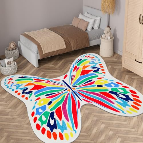 AKASISRUG Schmetterling-Kinderteppich, ultraweich, niedriger Flor, Spielmatte für Kinder, Spielzimmer, waschbar, niedlich, bunt, rutschfeste TPR-Unterseite, Kinderzimmerteppich für Kleinkinder,