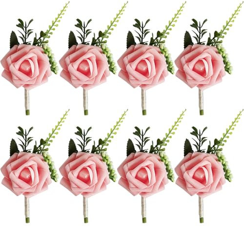 TTBDDM 8 Stücke Hochzeit Boutonniere, Rose Blumen Anstecker, Hochzeit Rose Blumen Anstecker, Bräutigam Boutonniere, für Braut, Bräutigam, Brautjungfern, Trauzeugen, Gäste, Rosa