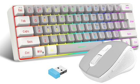 Snpurdiri 60% Prozent Tastatur Maus Set Kabellos, Wireless Gaming Tastatur und Maus Combo, Enthalten 2.4G Small Mini 60% Merchanical Feel Tastatur, Ergonomisches Design Vertical Feel Maus (Whitegrey)