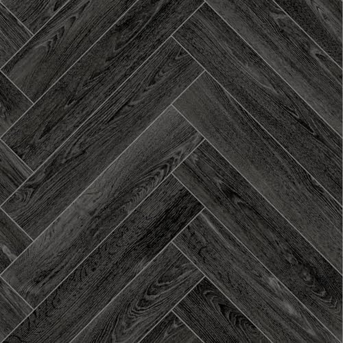 Black Chic Herringbone Siren Vinyl Flooring 4mm Thick Durable Felt Backed Lino Kitchen Bathroom (4m x 4m)