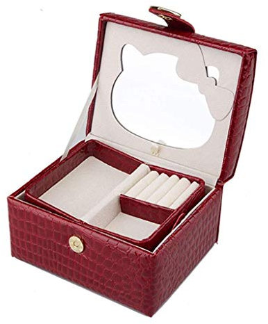 BONOOL Schmuckkästchen, tragbare Leder-Schmucktruhe Mini mit Spiegel, Schmuck-Organizer, Samtfutter, rote Schmuckschatulle für Damen