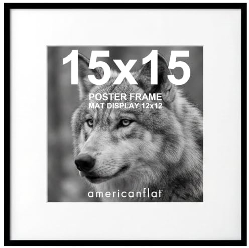 Americanflat 15x15 Picture Frame with Polished Plexiglass - Use as 12x12 Frame with Mat or 15x15 Frame Without Mat - Streamline Collection - Thin Square Picture Frame for Wall Display - Black