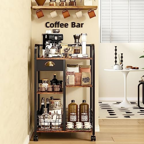 keomaisyto Barra de café con ruedas, mesa de centro móvil con cajón de almacenamiento, carrito de café ajustable de 4 niveles, estación de café de madera rústica para cocina/entrada/sala de
