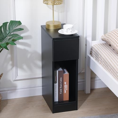 Menaka Bathroom Slim Floor Cabinet High Glossing with Drawer Small Corner Space, Toilet Paper Unit Storage Cupboard Cabinet Multifunctional Sofa Side Table Bedroom Beside Nightstand (Black)