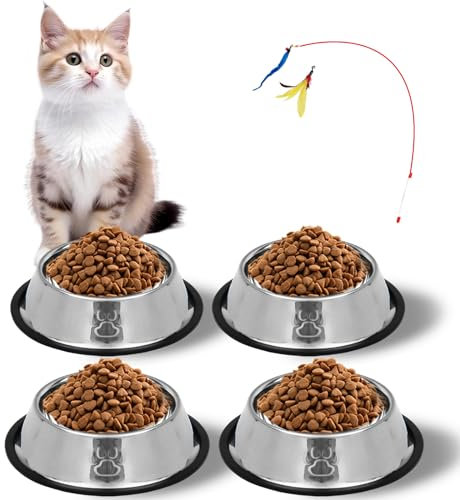 4 Piece Stainless Steel Cat Bowl, Cat Food Bowl, Non-slip Pet Water Bowl for Cats Puppies Rabbits Small Pets