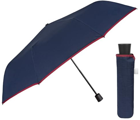 PERLETTI Blauer Regenschirm Herren mit Manueller Öffnung - Schwarzer Taschenschirm Sturmfest Kompakt Windsicher - Einfarbiger Herrenschirm Schirm Jungen - Durchmesser 97 cm (Blau mit Rotem Rand)