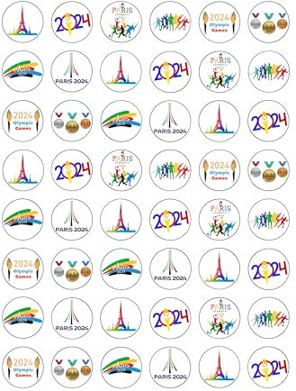 48 Olympics Paris France 2024 Themed Edible Wafer Paper Cake Toppers Decorations - 2.5cm circles