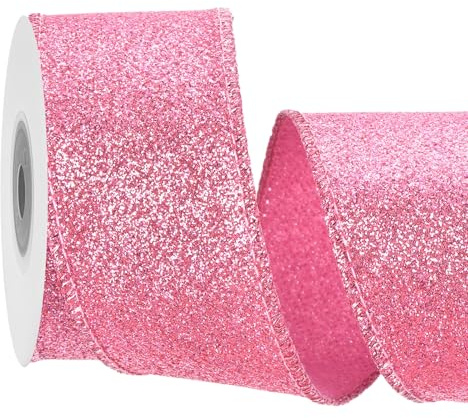 sourcing map Cinta con alambre con purpurina de 4 cm, cinta iridiscente rosa brillante de 5 yardas para decoración de corona de árbol de Navidad, envoltura de regalos, con borde metálico