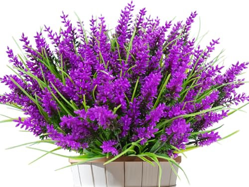 Kinisty 12 Bundles Artificial Flowers Outdoor Faux Lavender Plants, Decorative Plastic Shrubs Fake Flowers for Indoor Outside Planters Garden Window Boxes Decoration, Lotus