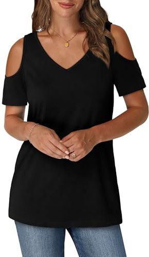 Aokosor Womens Summer Tops for Women UK Cold Shoulder T Shirt for Women V Neck Short Sleeve Ladies Tops Size 10-12Plain Black