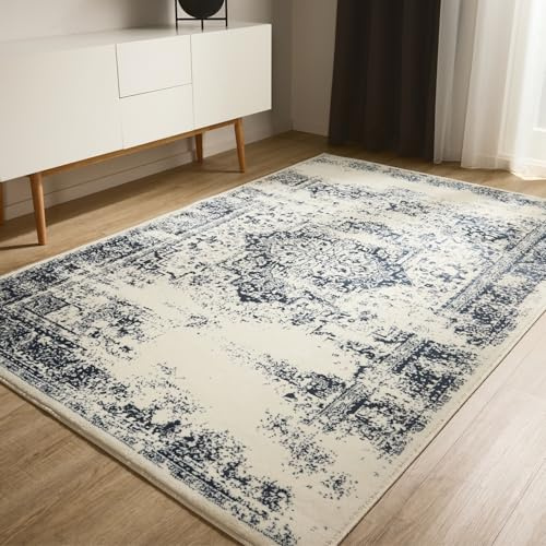 benuta Basic Teppich Suki - Creme/Blau 160x230 cm - Kunstfaser - Rechteckig & im Style: Vintage, Orient Style - Pflegeleicht für Wohnzimmer Schlafzimmer