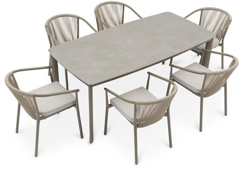 IDIMEX Gartenmöbel Set TAVOLO mit 6 Stühlen und Tisch, Champagner - 180x90 cm Gartentisch mit Steinplatte, Outdoor Essgruppe, Stühle mit Rope Bespannung, wetterfest für Garten Terrasse & Balkon