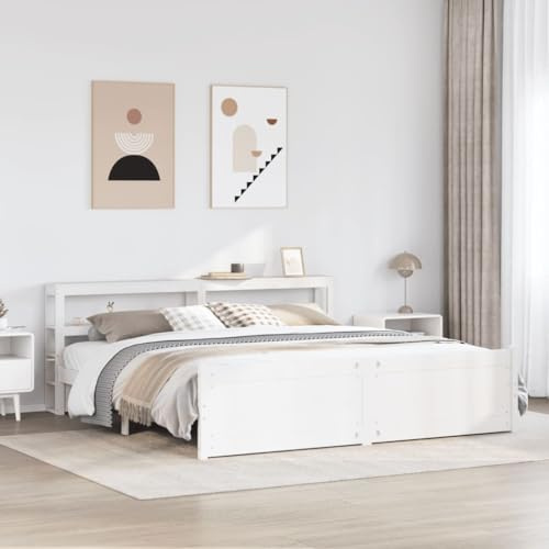 vidaXL White Super King Bed Frame with Wooden Headboard/Storage - Solid Pine Wood 180x200 cm