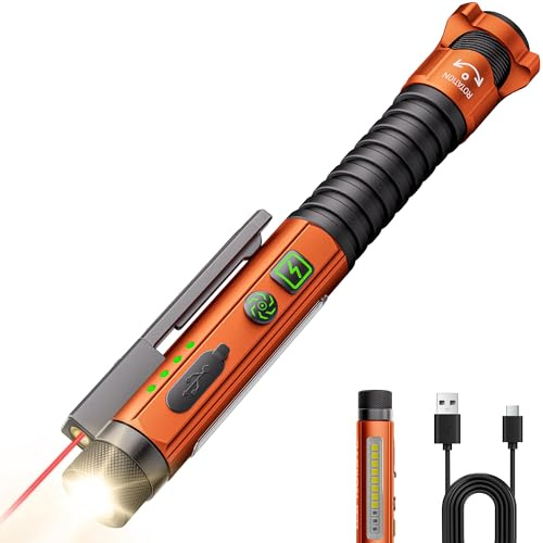 EDC - Torcia tascabile ricaricabile, 800 lumen, con fascio rosso, U V e LED bianco, clip magnetica e base, 11 modalità di illuminazione, interruttore di vetro e apribottiglie per lavoro, casa