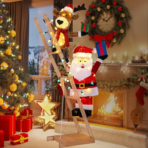 SOARS Weihnachtsdekoration, Weihnachtsmann & Rentier, Klettergerüst, 166 cm, 100 Lichter, 5 Stufen, mit Heringen & Befestigungen, Weihnachtsdekoration, für den Außenbereich, Haus, für Jadin, Hof