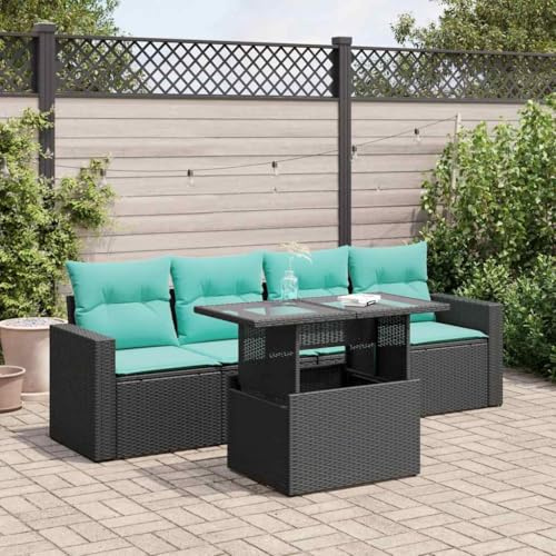 QJBSAVVA 5-TLG Gartenmöbel Set Schwarz 100 x 55 cm Glasplatte Poly Rattan Akazie platzsparendes Balkonmöbel Set Lounge Sitzgruppe Outdoor für Garten Terrasse und kleine Balkone