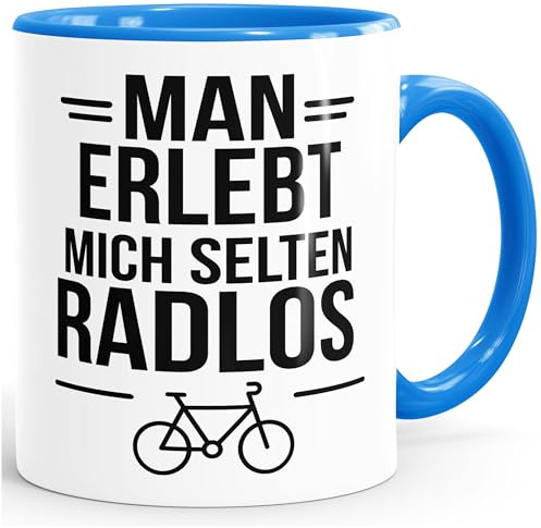 MoonWorks Tasse Spruch Spruch Fahrradfahrer Man erlebt mich selten radlos Statement Geschenkidee Bike-Freunde lustige Kaffeebecher Weiss-innen-blau standard