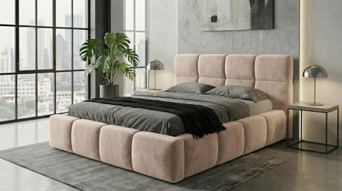 A&J MöbelLand Polsterbett VELUNO mit Matratze H4 120x200 mit Bettkasten und Lattenrost – Beige