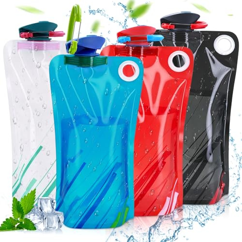 Botella plegable de 1 L, 4 unidades, para festival, botella de agua plegable con mosquetón, sin BPA, reutilizable, plegable, bolsa de agua, accesorios para senderismo, viajes