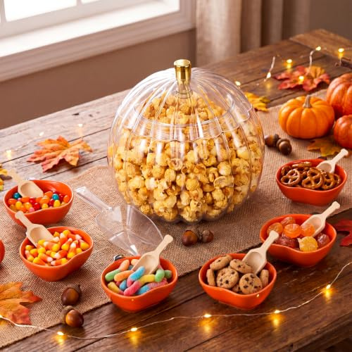 Potchen 14 Pcs Halloween Movie Night Serving Set Pumpkin Candy Jar with Lid, Scoop Fall Pumpkin Ceramic Bowls, Wooden Spoons, Trick or Treat Supplies, Candy and Snack Serving Bowl