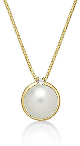 Diamond Treats Glänzende echte Perlenkette mit 8 mm weißen echten Süßwasserperle, Perlenanhänger, besetzt mit einem Zirkonia-Stein, Elegante 9K Gelbgold Perlenkette mit Goldkette