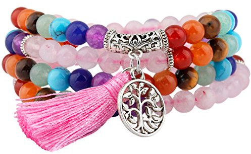mookaitedecor Tibétain Mala Bracelet 108 Perles Pierres Élastique Collier Bouddhistes 7 Chakra,Quartz Rose