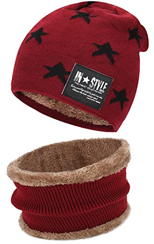 Bequemer Laden Kinder Winter Warm Mütze und Loop Schal Set mit Fleece Gefütterte für 3-8 Jahre Jungen Mädchen, Wintermütze Strickmütze Beanie Schlauchschal Halswärmer Geschenk Weihnachten, Z Rot