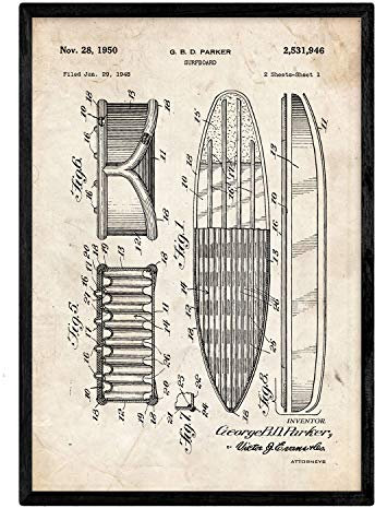 Nacnic Poster Patent Surfbrett 2. Folie mit altem Design-Patent in der Größe A3 und Vintage-Hintergrund