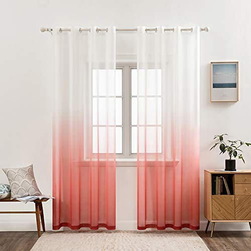 MIULEE Gardinen Transparent Vorhänge Farbverlauf Voile Sheer 2er Set Vorhang mit Ösen Dekoschal Fensterschal für Schlafzimmer und Wohnzimmer 245 cm x 140 cm(H x B) Weiß Rot