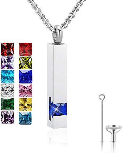 Urn Necklace for Ashes Birthstone Cuboid Cremation Jewelry Keepsake Holder Memorial Locket Necklace Pendant