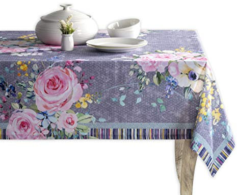 Maison d' Hermine Tischdecke, 100% Baumwolle, 160 x 220 cm, dekorative quadratische Ostertischdecke, waschbare Restaurant-Tischdecke, süßer Rosen-Lavendel – üppige Lavendel-Rosen – Frühling/Sommer