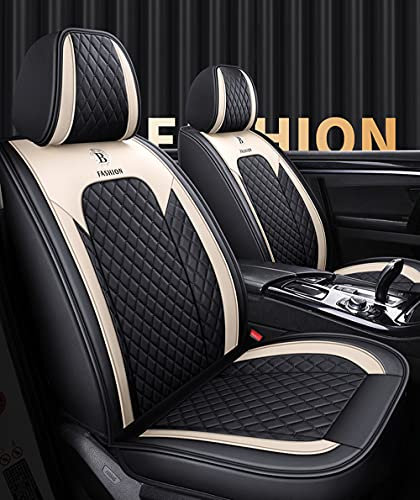 ibon Autositzbezüge Set Leder, 5-Sitze Universal-Sitzbezüge Auto Vordersitze und Rückbank Komplettset for Auto Zubehör Innenraum (Schwarz + Beige)