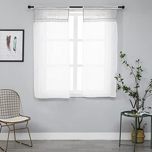 Coppia Tende Bianche Semi Trasparenti a Righe Orlo Superiore Grigio con Ricamo Fiore Tenda Misto Lino Stile Shabby Chic per Soggiorno Camera Finestra e Interni 2 Pannelli con Tasca (Grigio, 60x150cm)