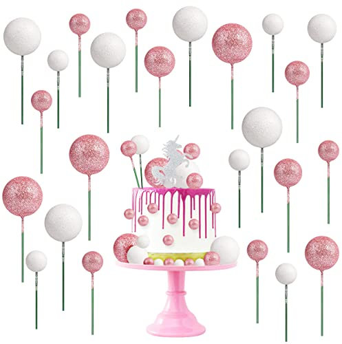 66pcs Balloon Cake Topper, Glitter Foam Ball Cake Toppers Mini Balloon Cupcake Toppers Round DIY Cake Picks Insert Topper Baking Cake Decoration for Birthday Wedding Baby Shower Decor (Pink&White)