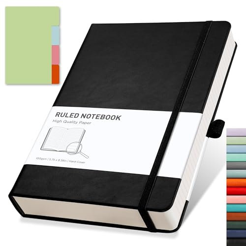 RETTACY Liniertes Tagebuch, A5, Notizbuch, Hardcover, Notizblock, 192 nummerierte Seiten zum Schreiben, 100 gm² liniertes Papier, LederHardcover, für Damen, Herren, Arbeit, Büro, Schule, 14,5 x 21