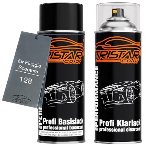 TRISTARcolor Motorradlack Spraydosen Set für Piaggio Scooters 128 Nero Metallic Opaco Basislack Klarlack Sprühdose 400ml