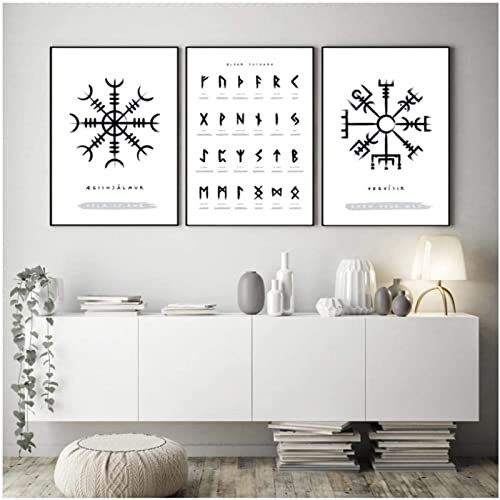 Moderner Leinwanddruck Wikinger Old Norse Elder Futhark Runen Wandkunst Bilder Leinwand Gemälde Wohnzimmer Dekor Rahmenlos 40 × 60 cm × 3 Stück