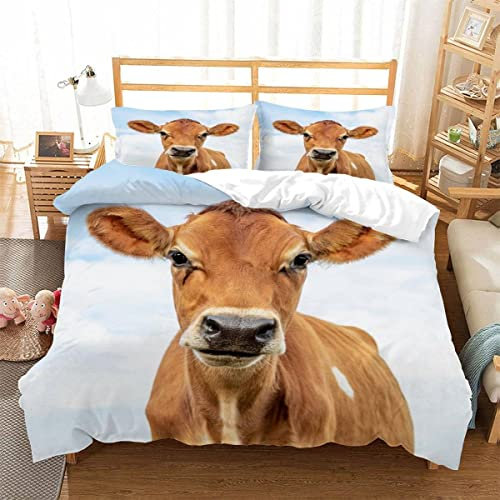 Kuh Tiere Bettwäsche 135×200 Weiche Mikrofaser 3D Druck Braune Kuh Bettbezug mit Reißverschluss Für Kinder Zimmer Dekor Jungen Mädchen 3 Teilig Bettwäsche Set mit 2 Kissenbezüge 80×80 cm